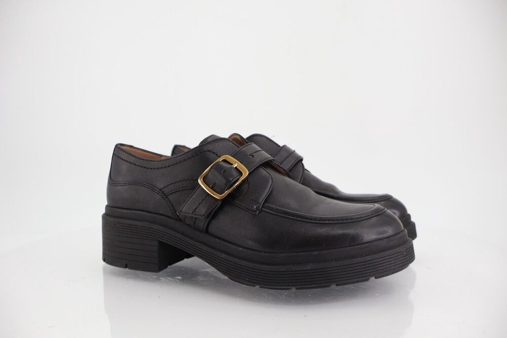 Cole Haan Women's Carlitta Monk Strap Lug Oxford Loafers Black Leather Size 7